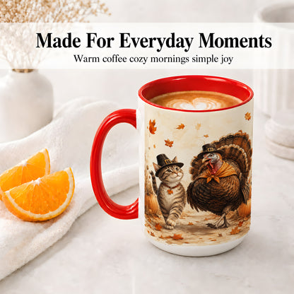 #pl[15oz|Red] Thanksgiving Cat and Turkey Accent Mug, Mug with Pilgrim Hats