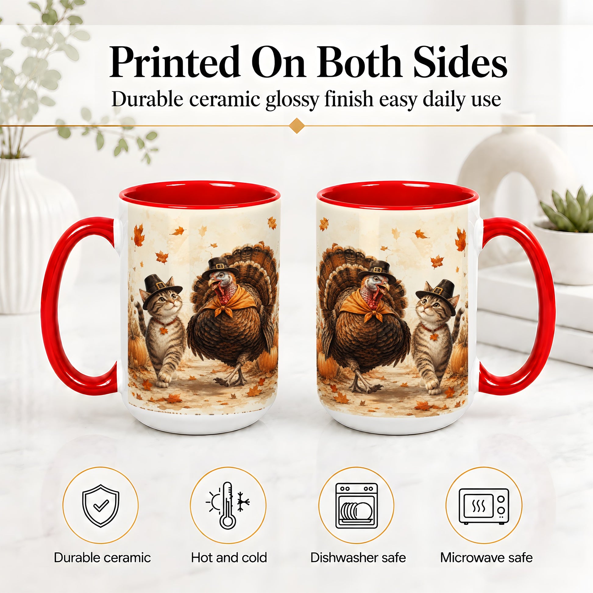 #pl[15oz|Red] Thanksgiving Cat and Turkey Accent Mug, Mug with Pilgrim Hats