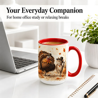 #pl[15oz|Red] Thanksgiving Cat and Turkey Accent Mug, Mug with Pilgrim Hats