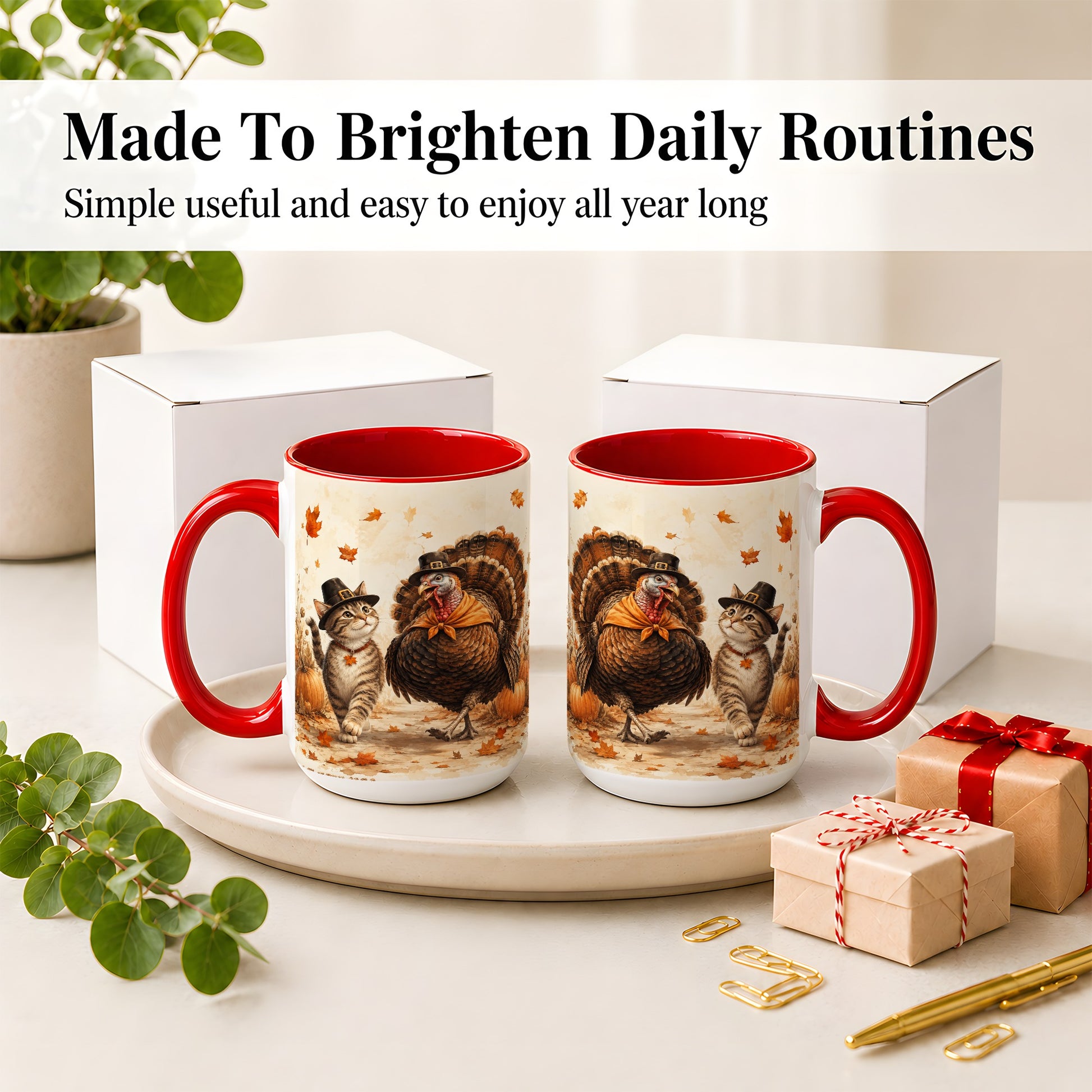 #pl[15oz|Red] Thanksgiving Cat and Turkey Accent Mug, Mug with Pilgrim Hats