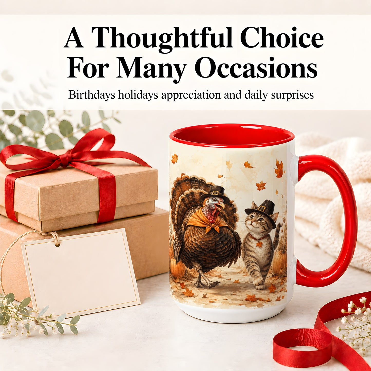 #pl[15oz|Red] Thanksgiving Cat and Turkey Accent Mug, Mug with Pilgrim Hats