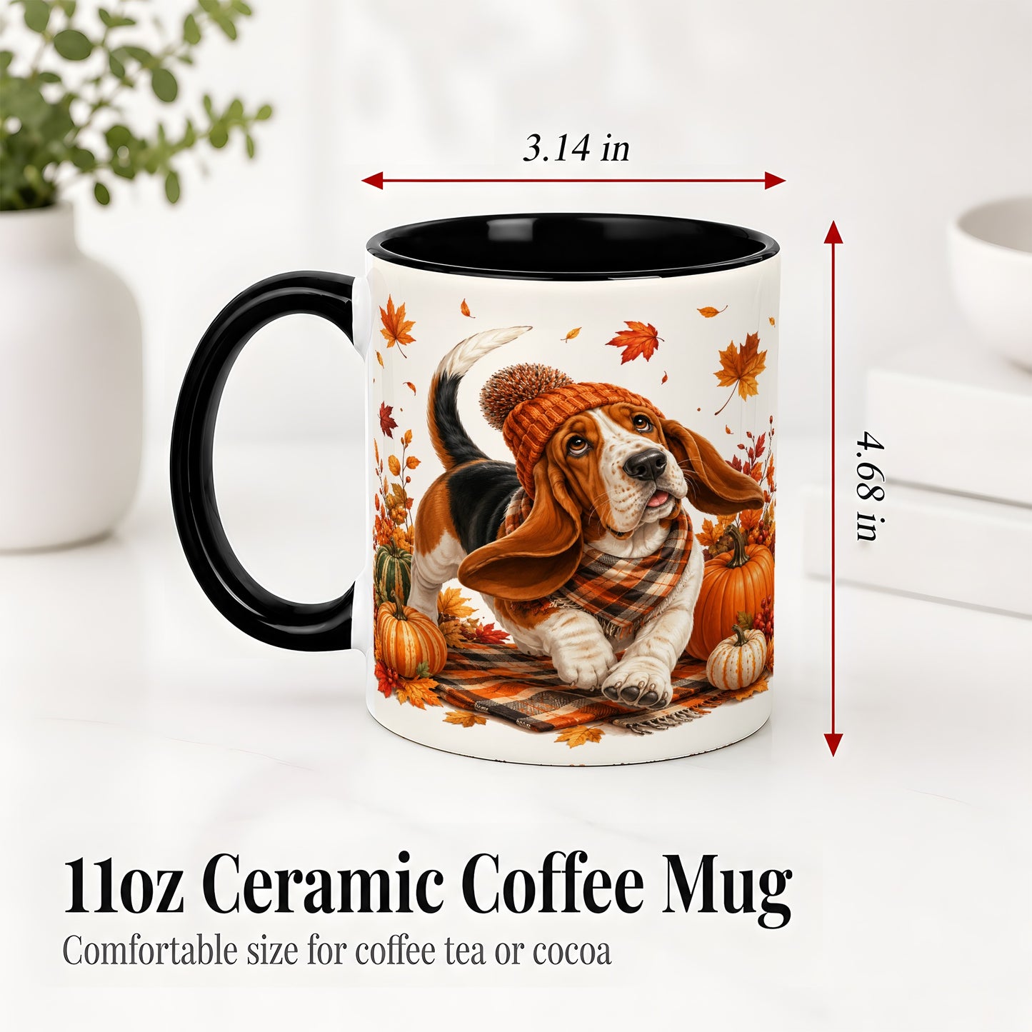 #pl[11oz|Black] Autumn Basset Hound Accent Mug, Mug with Pumpkin Fall Artwork