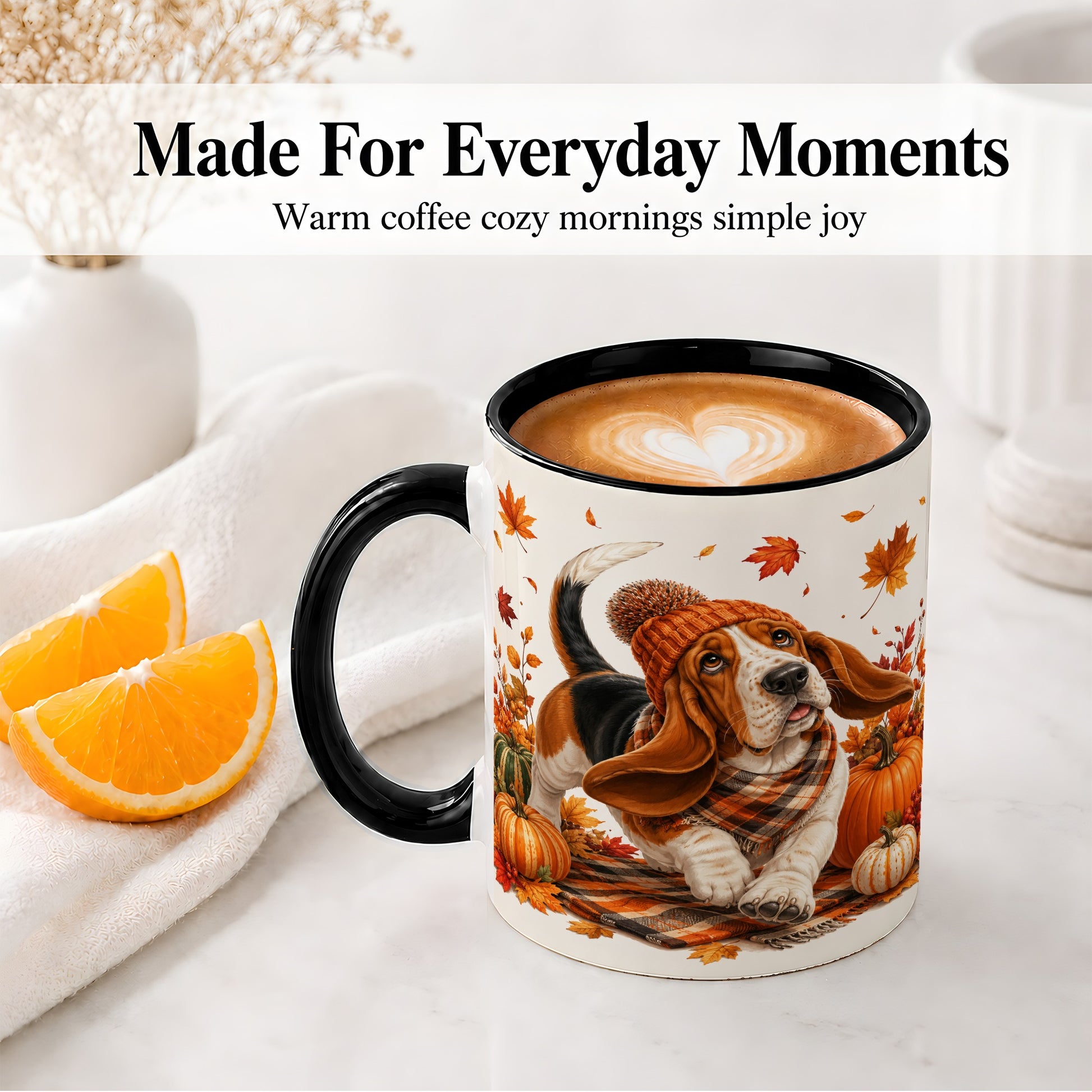 #pl[11oz|Black] Autumn Basset Hound Accent Mug, Mug with Pumpkin Fall Artwork