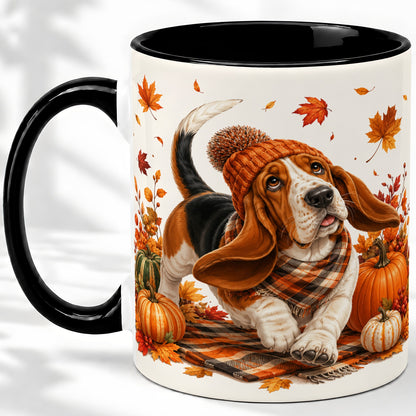 #pl[11oz|Black] Autumn Basset Hound Accent Mug, Mug with Pumpkin Fall Artwork