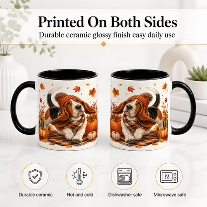 #pl[11oz|Black] Autumn Basset Hound Accent Mug, Mug with Pumpkin Fall Artwork