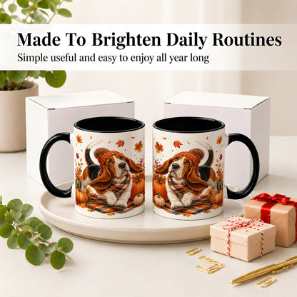 #pl[11oz|Black] Autumn Basset Hound Accent Mug, Mug with Pumpkin Fall Artwork