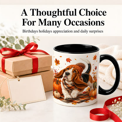 #pl[11oz|Black] Autumn Basset Hound Accent Mug, Mug with Pumpkin Fall Artwork