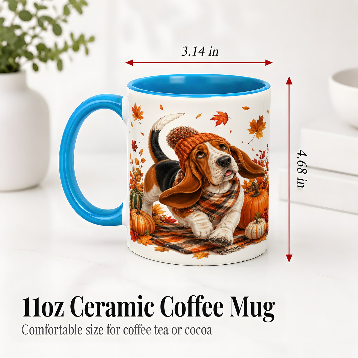 #pl[11oz|Blue] Autumn Basset Hound Accent Mug, Mug with Pumpkin Fall Artwork