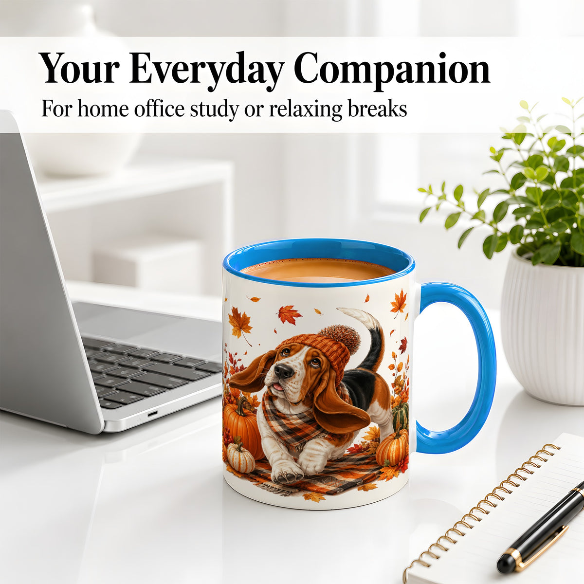 #pl[11oz|Blue] Autumn Basset Hound Accent Mug, Mug with Pumpkin Fall Artwork