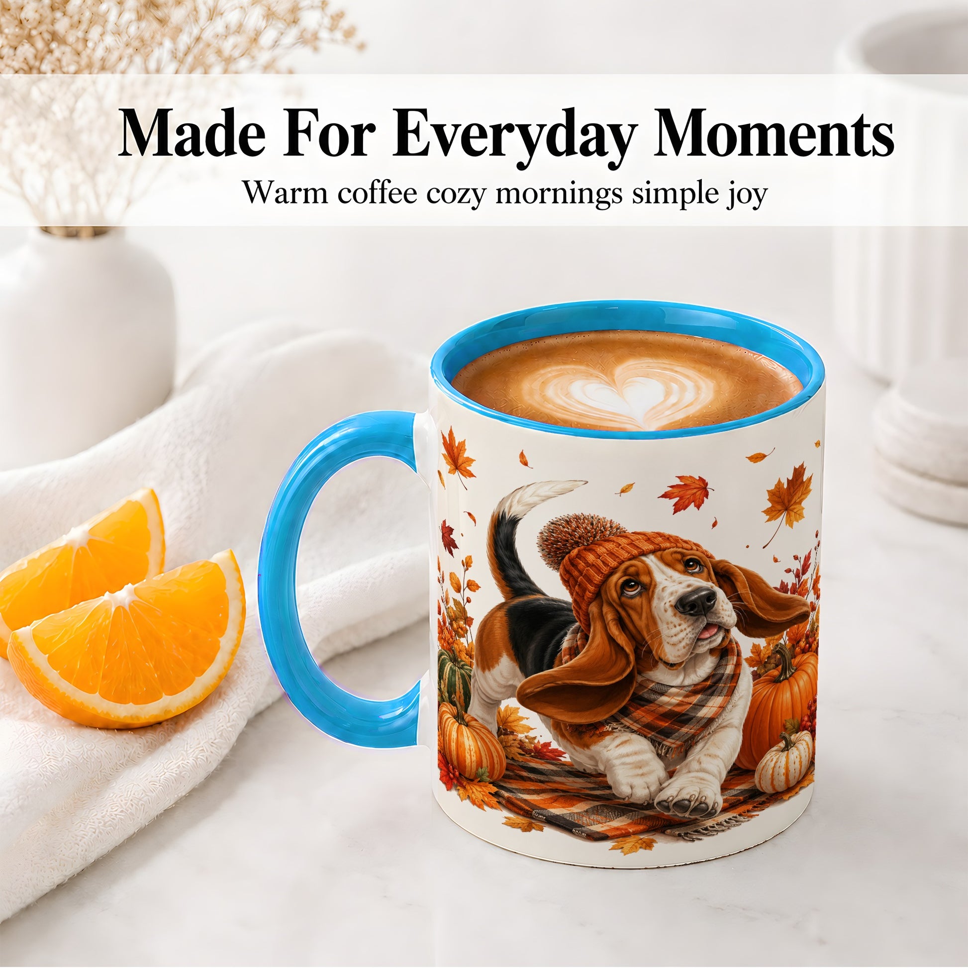 #pl[11oz|Blue] Autumn Basset Hound Accent Mug, Mug with Pumpkin Fall Artwork