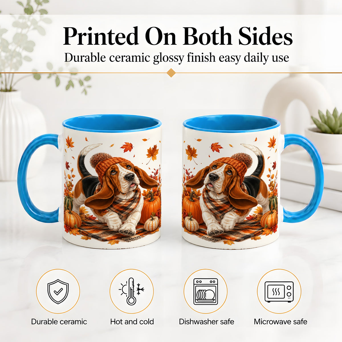 #pl[11oz|Blue] Autumn Basset Hound Accent Mug, Mug with Pumpkin Fall Artwork