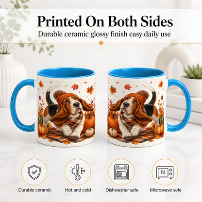 #pl[11oz|Blue] Autumn Basset Hound Accent Mug, Mug with Pumpkin Fall Artwork