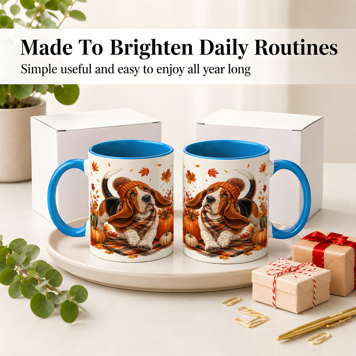 #pl[11oz|Blue] Autumn Basset Hound Accent Mug, Mug with Pumpkin Fall Artwork