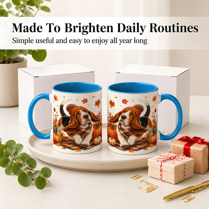 #pl[11oz|Blue] Autumn Basset Hound Accent Mug, Mug with Pumpkin Fall Artwork