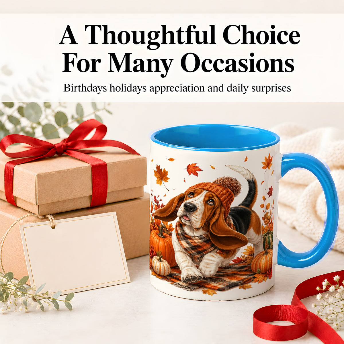#pl[11oz|Blue] Autumn Basset Hound Accent Mug, Mug with Pumpkin Fall Artwork