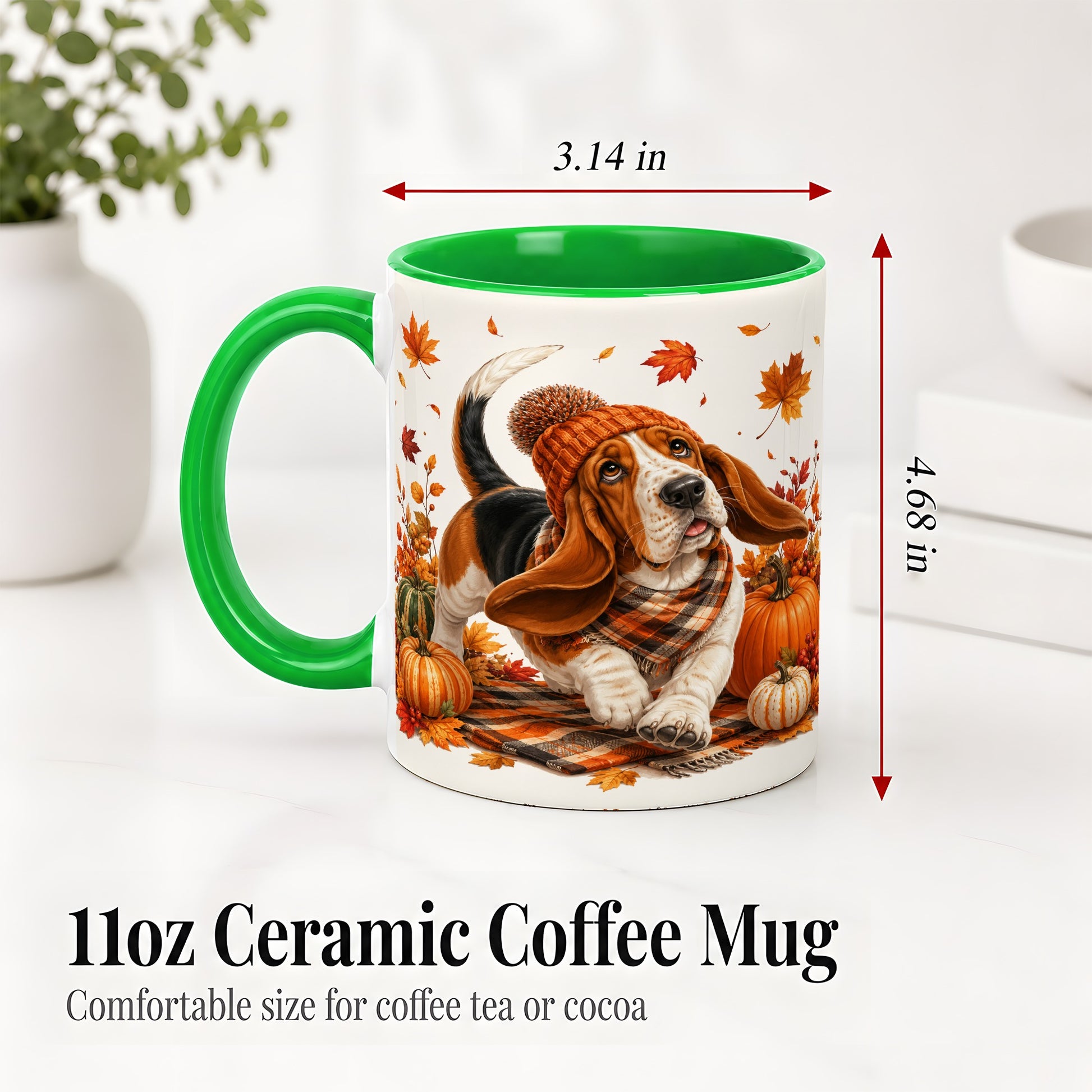 #pl[11oz|Green] Autumn Basset Hound Accent Mug, Mug with Pumpkin Fall Artwork