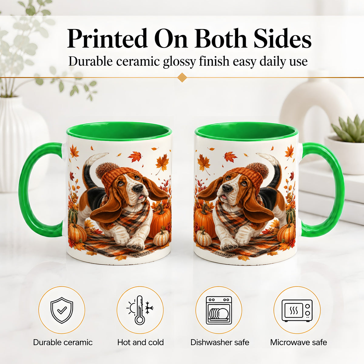 #pl[11oz|Green] Autumn Basset Hound Accent Mug, Mug with Pumpkin Fall Artwork