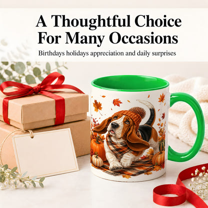 #pl[11oz|Green] Autumn Basset Hound Accent Mug, Mug with Pumpkin Fall Artwork