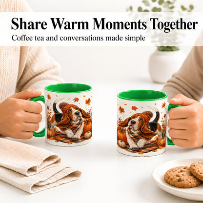 #pl[11oz|Green] Autumn Basset Hound Accent Mug, Mug with Pumpkin Fall Artwork