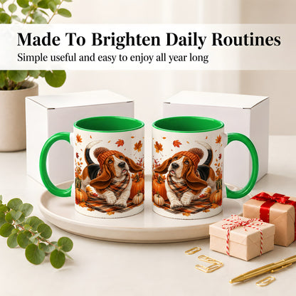 #pl[11oz|Green] Autumn Basset Hound Accent Mug, Mug with Pumpkin Fall Artwork