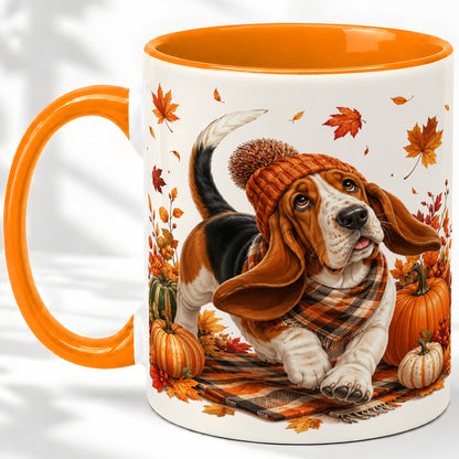 #pl[11oz|Orange] Autumn Basset Hound Accent Mug, Mug with Pumpkin Fall Artwork