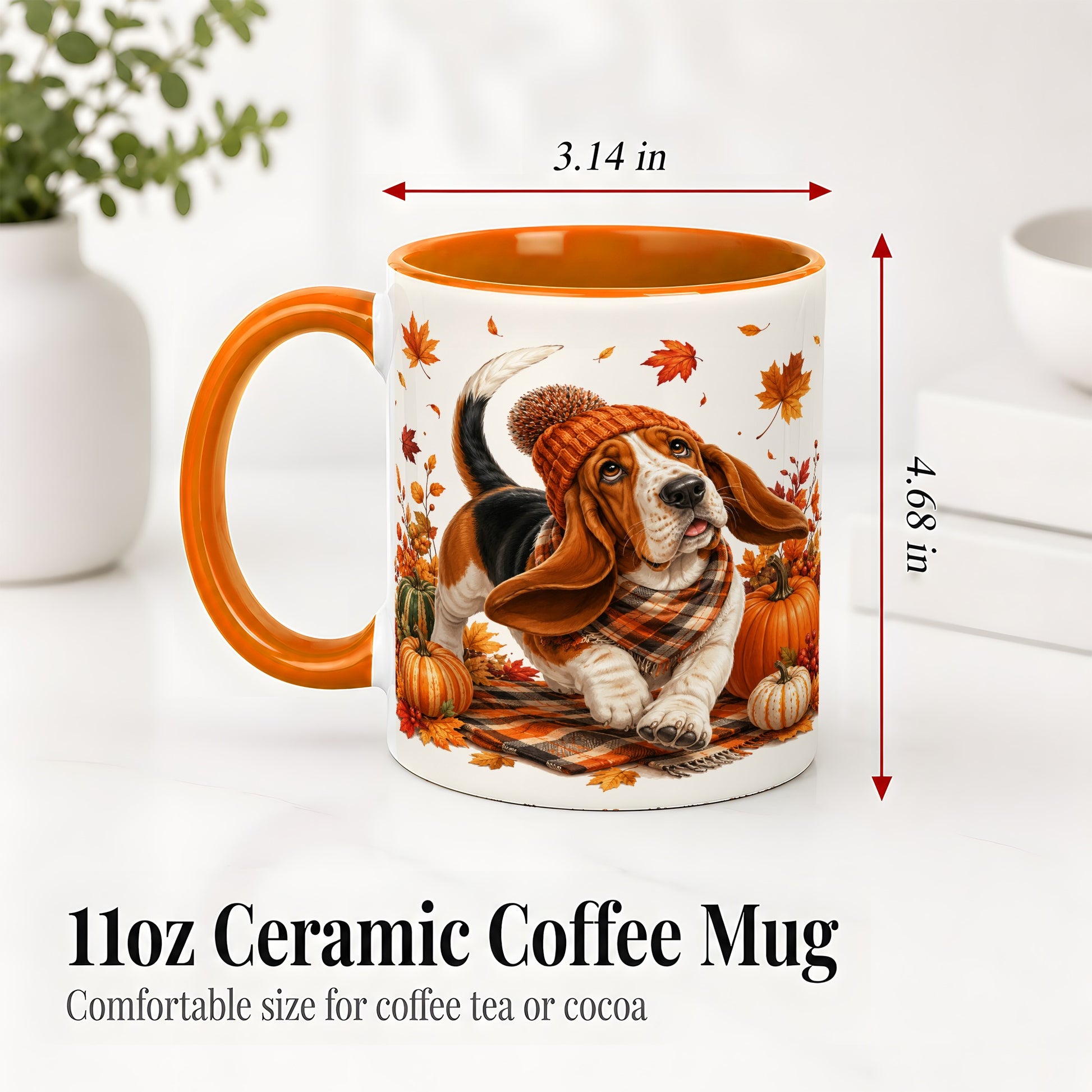 #pl[11oz|Orange] Autumn Basset Hound Accent Mug, Mug with Pumpkin Fall Artwork