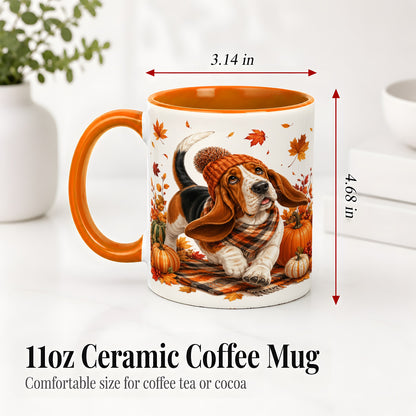 #pl[11oz|Orange] Autumn Basset Hound Accent Mug, Mug with Pumpkin Fall Artwork