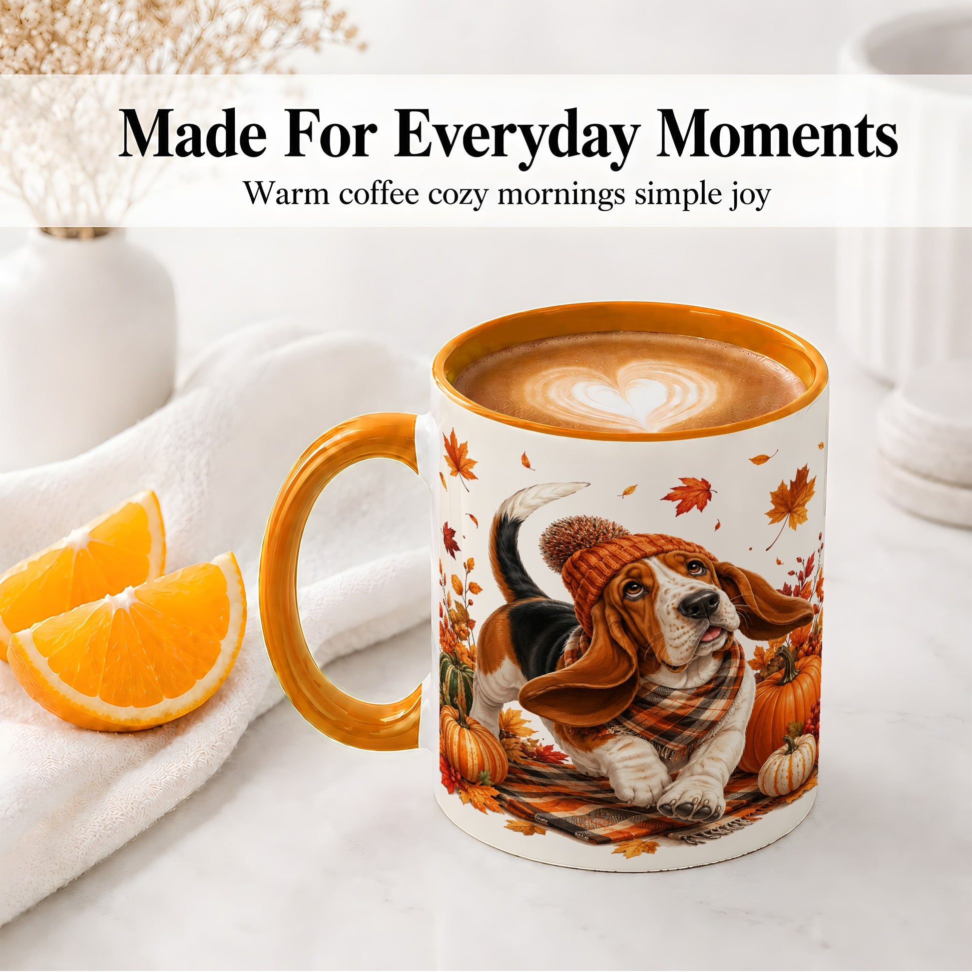 #pl[11oz|Orange] Autumn Basset Hound Accent Mug, Mug with Pumpkin Fall Artwork