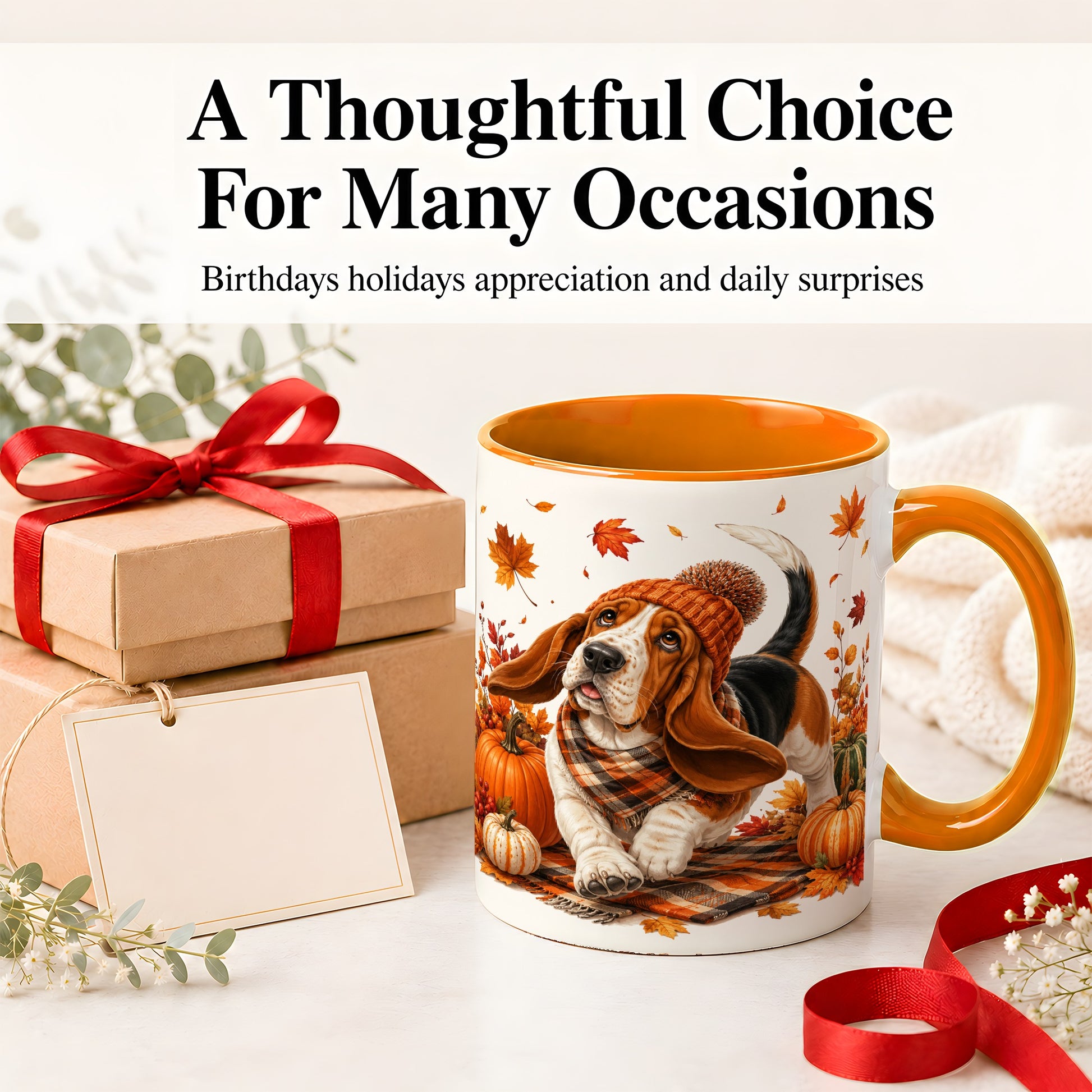 #pl[11oz|Orange] Autumn Basset Hound Accent Mug, Mug with Pumpkin Fall Artwork
