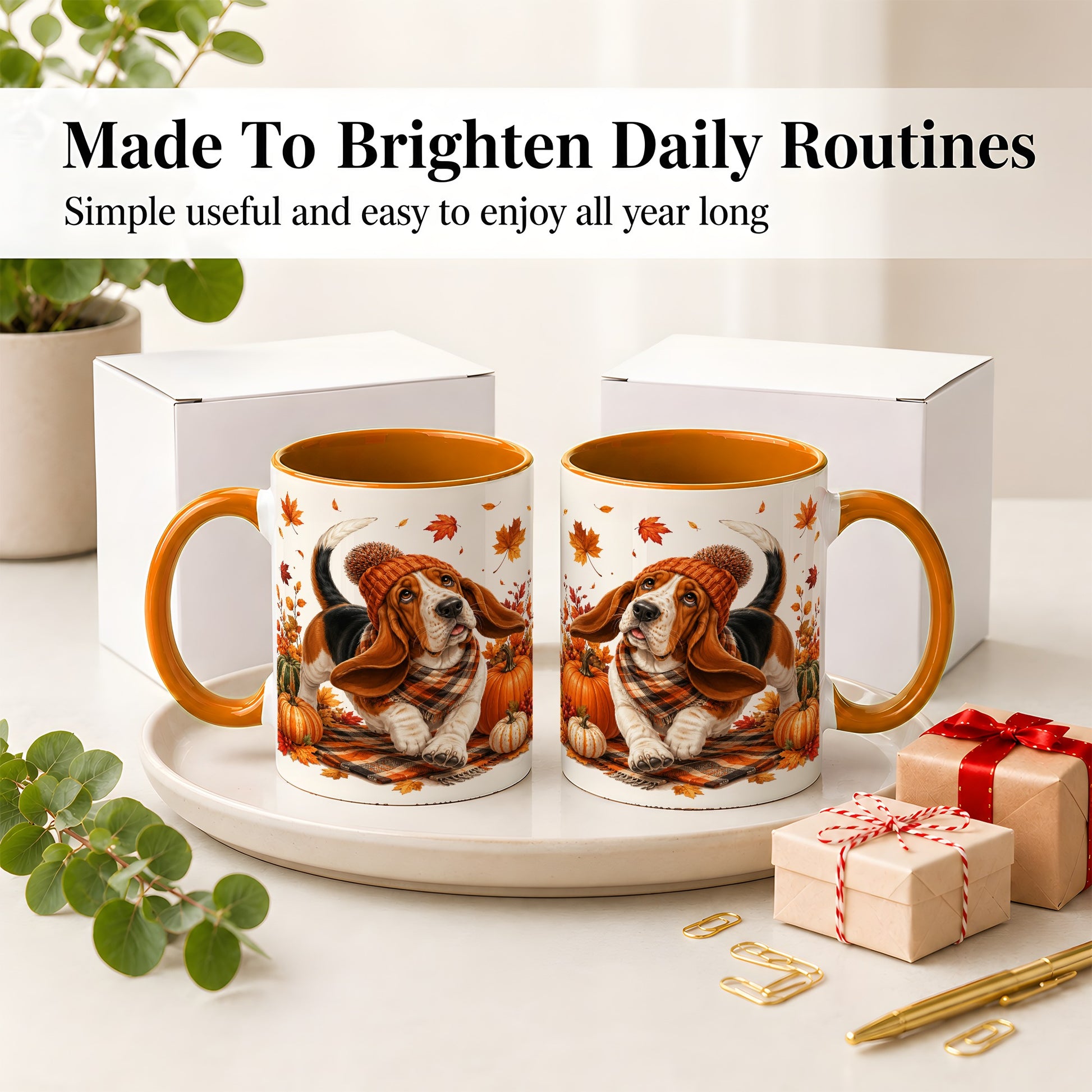 #pl[11oz|Orange] Autumn Basset Hound Accent Mug, Mug with Pumpkin Fall Artwork