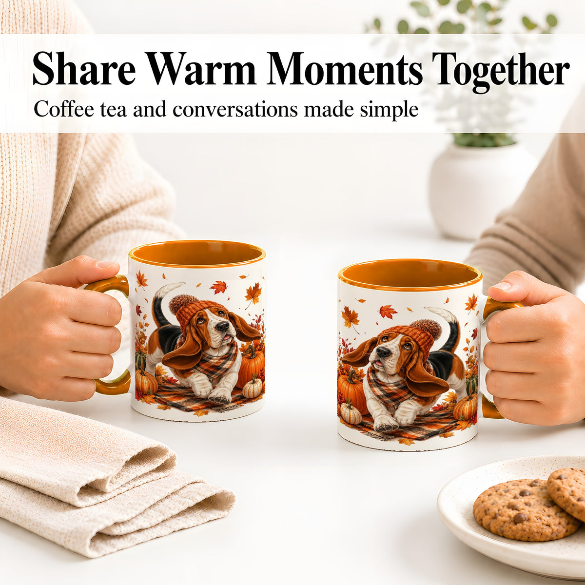 #pl[11oz|Orange] Autumn Basset Hound Accent Mug, Mug with Pumpkin Fall Artwork