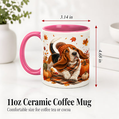 #pl[11oz|Pink] Autumn Basset Hound Accent Mug, Mug with Pumpkin Fall Artwork