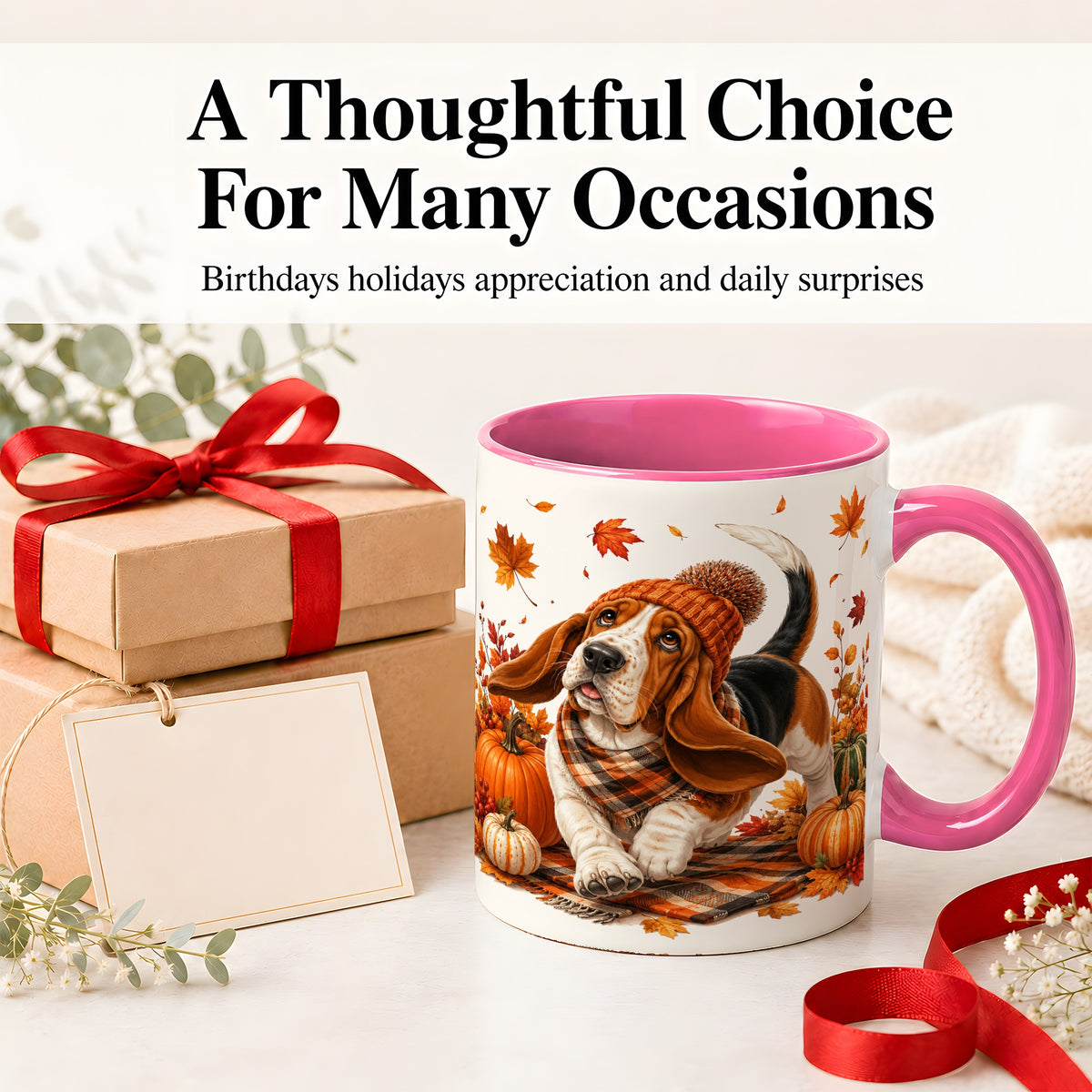 #pl[11oz|Pink] Autumn Basset Hound Accent Mug, Mug with Pumpkin Fall Artwork