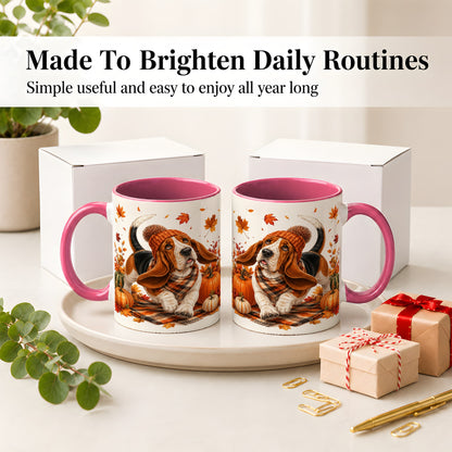 #pl[11oz|Pink] Autumn Basset Hound Accent Mug, Mug with Pumpkin Fall Artwork