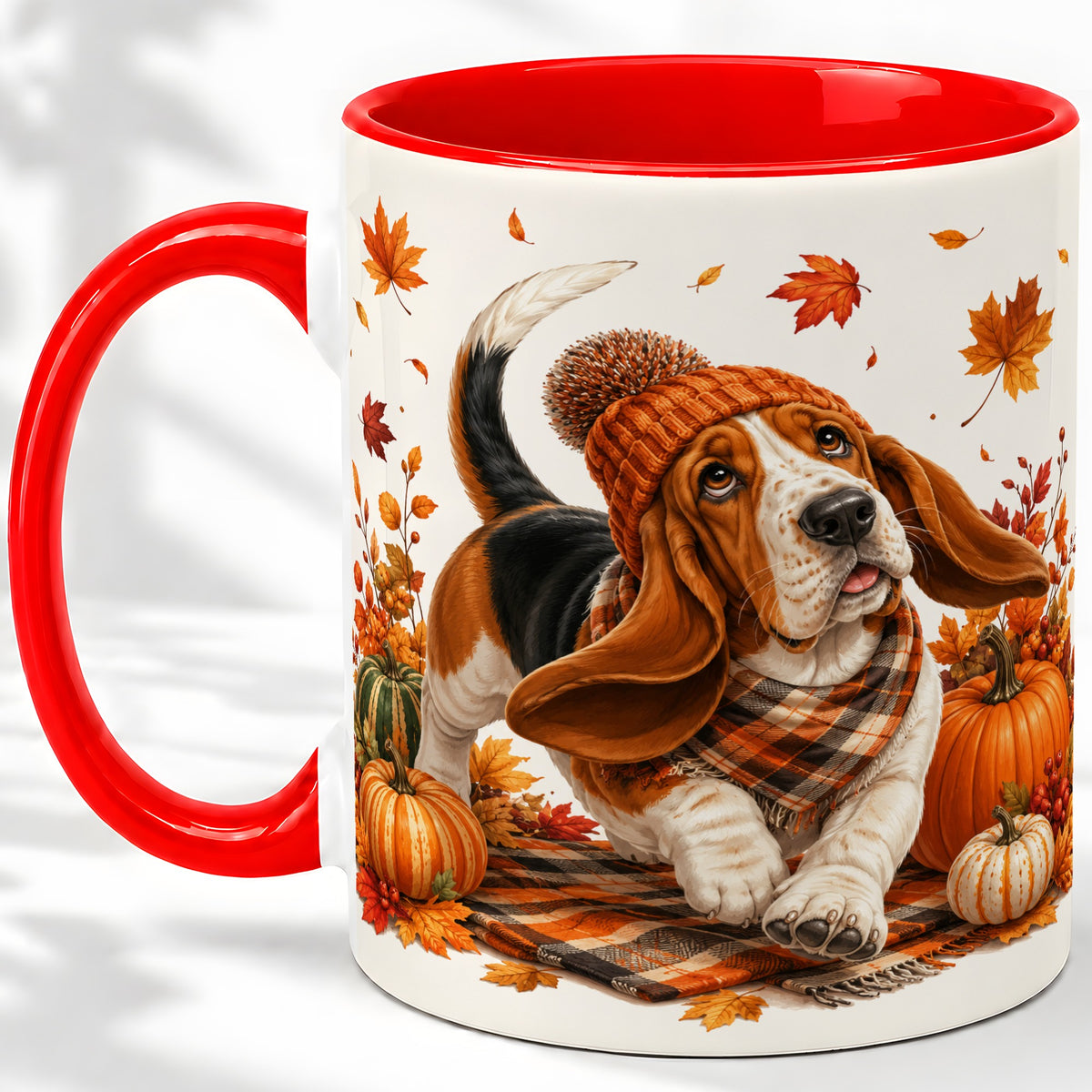 Autumn Basset Hound Accent Mug, Mug with Pumpkin Fall Artwork