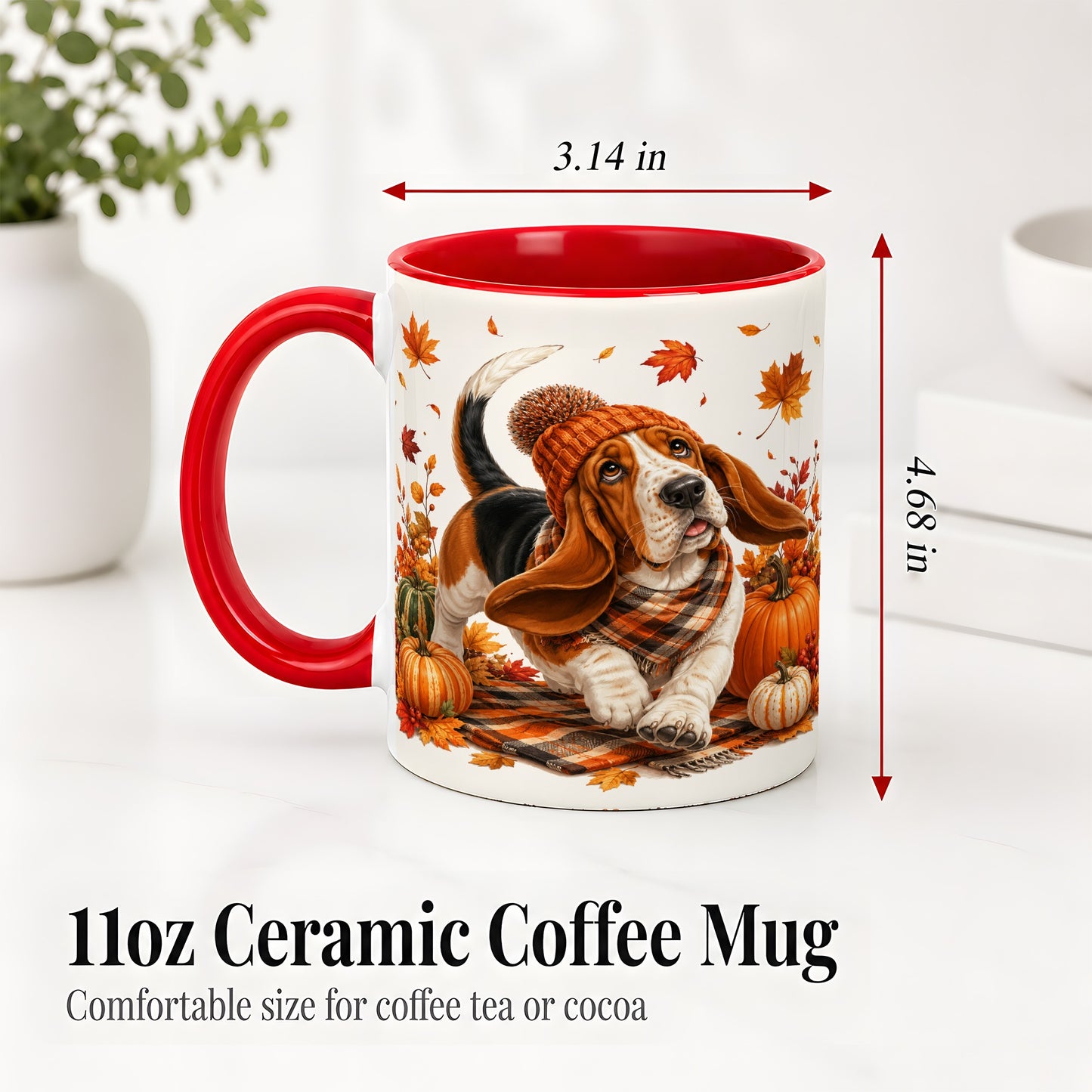 #pl[11oz|Red] Autumn Basset Hound Accent Mug, Mug with Pumpkin Fall Artwork