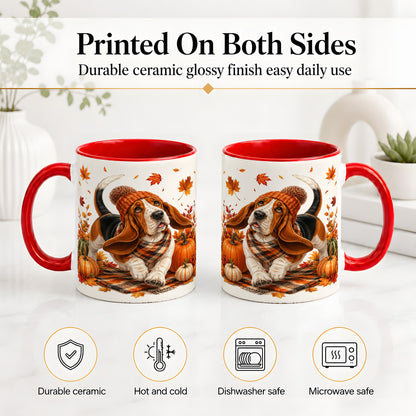 #pl[11oz|Red] Autumn Basset Hound Accent Mug, Mug with Pumpkin Fall Artwork