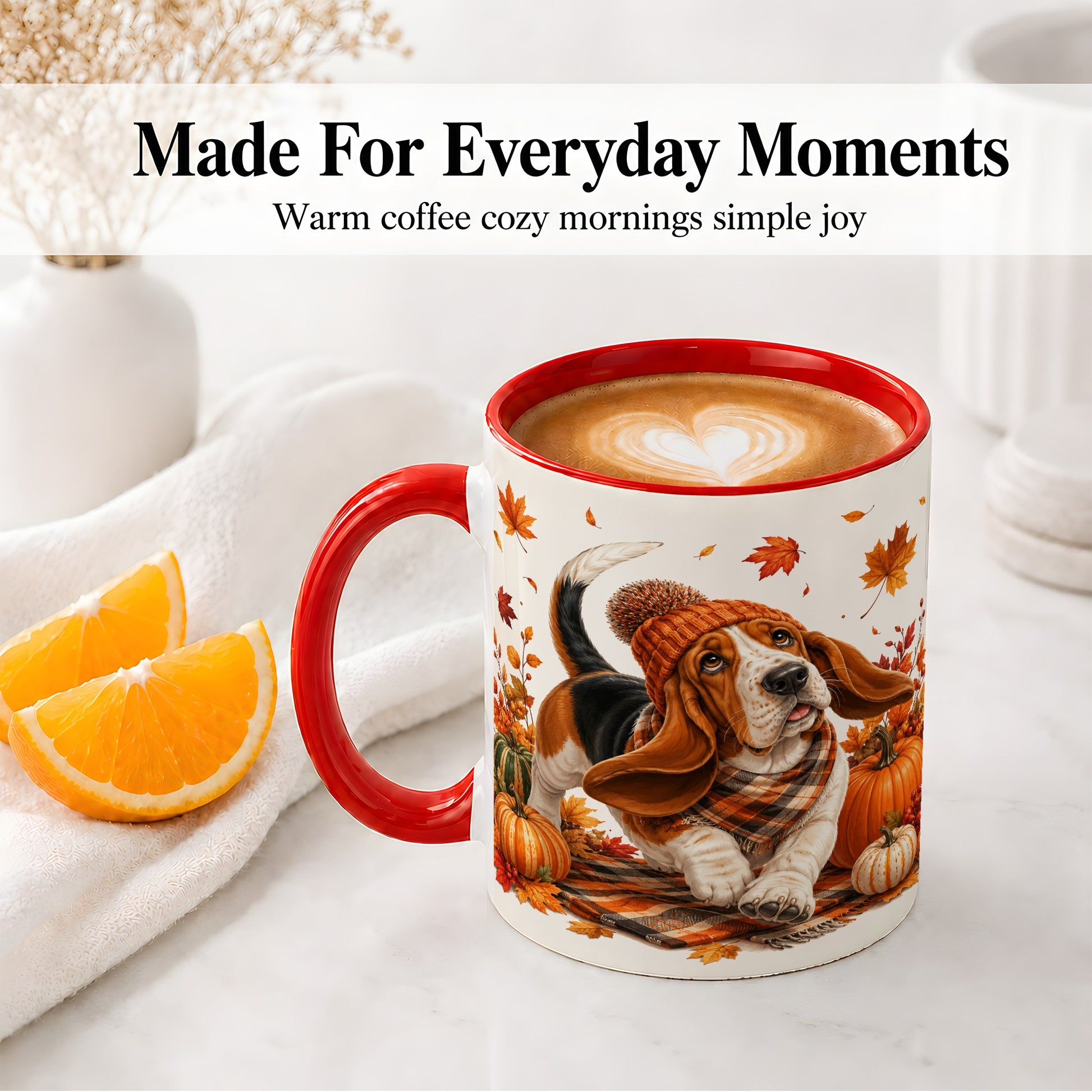 #pl[11oz|Red] Autumn Basset Hound Accent Mug, Mug with Pumpkin Fall Artwork