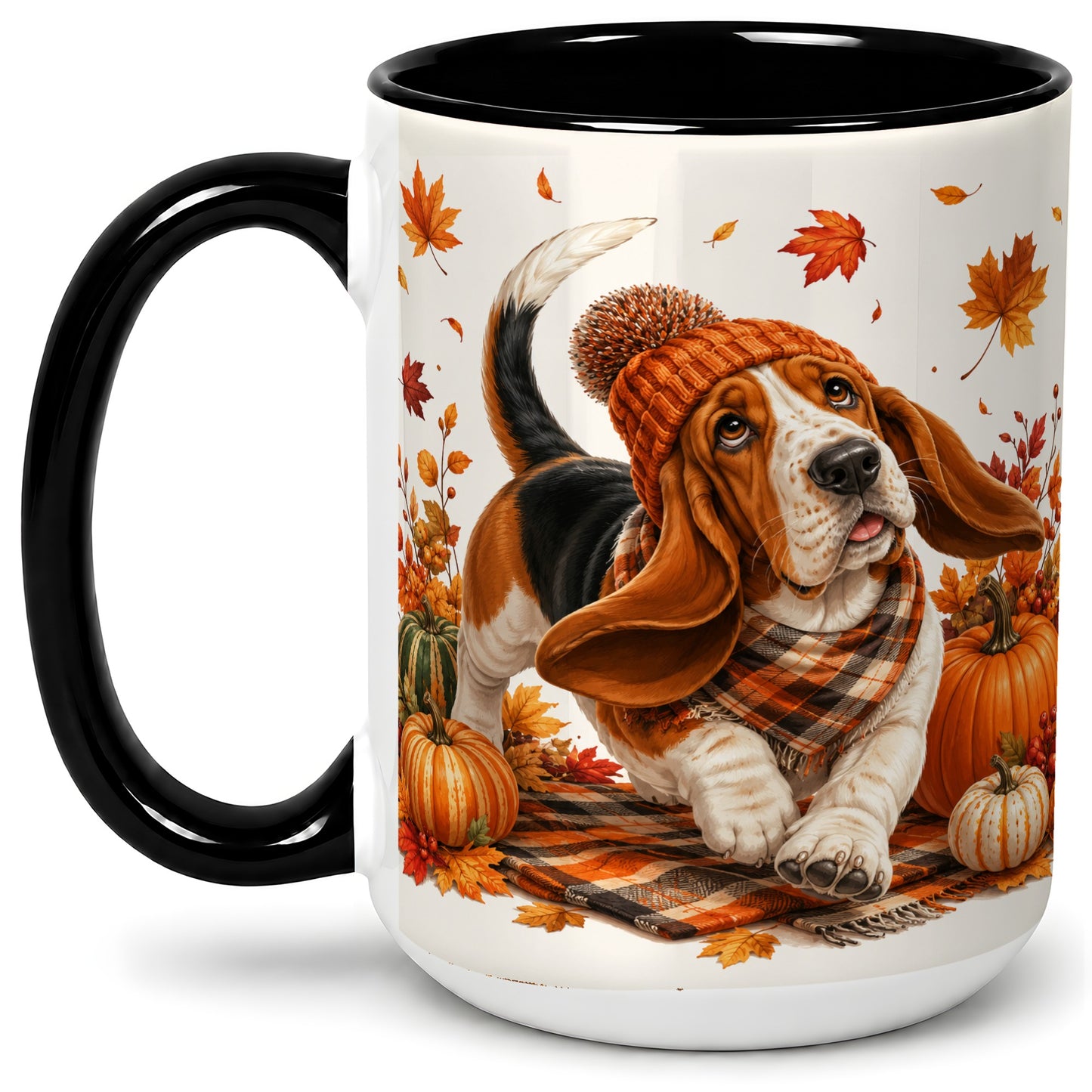 #pl[15oz|Black] Autumn Basset Hound Accent Mug, Mug with Pumpkin Fall Artwork