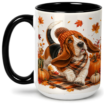 #pl[15oz|Black] Autumn Basset Hound Accent Mug, Mug with Pumpkin Fall Artwork