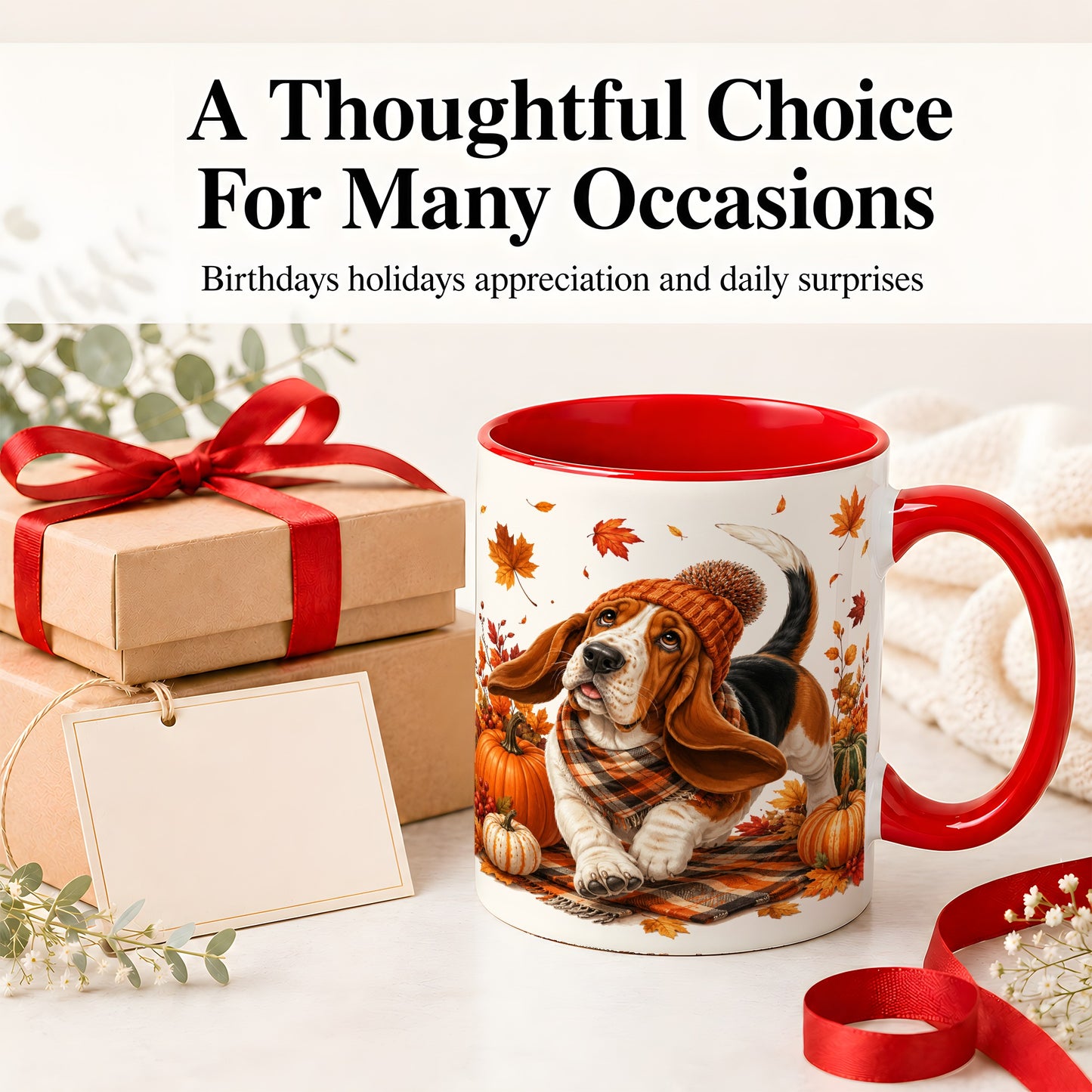 #pl[11oz|Red] Autumn Basset Hound Accent Mug, Mug with Pumpkin Fall Artwork