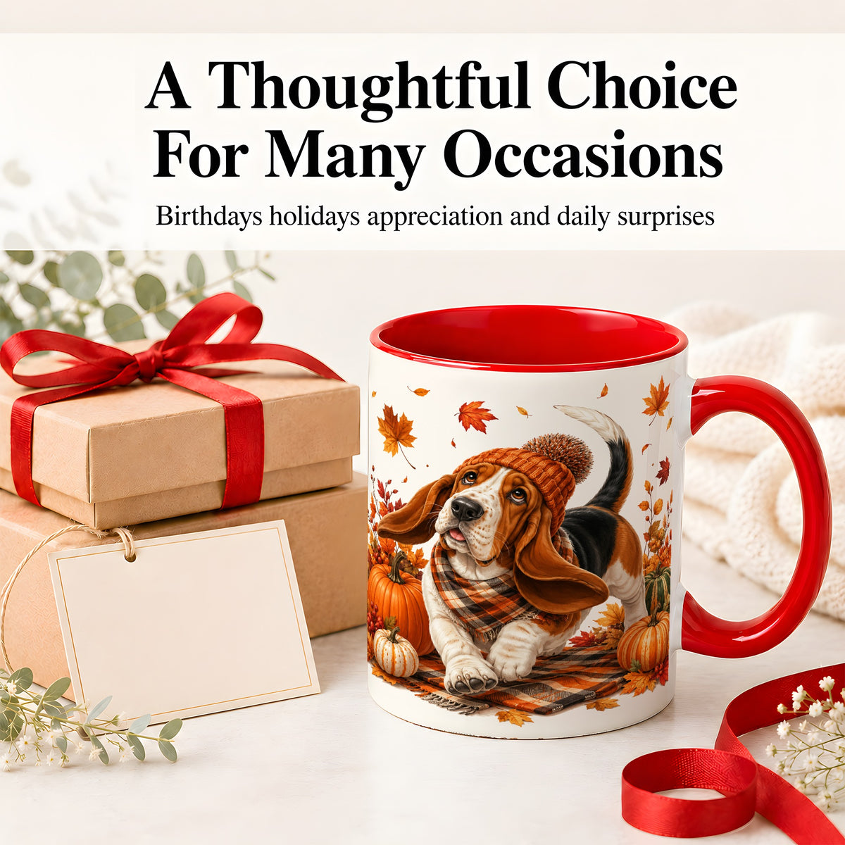 #pl[11oz|Red] Autumn Basset Hound Accent Mug, Mug with Pumpkin Fall Artwork