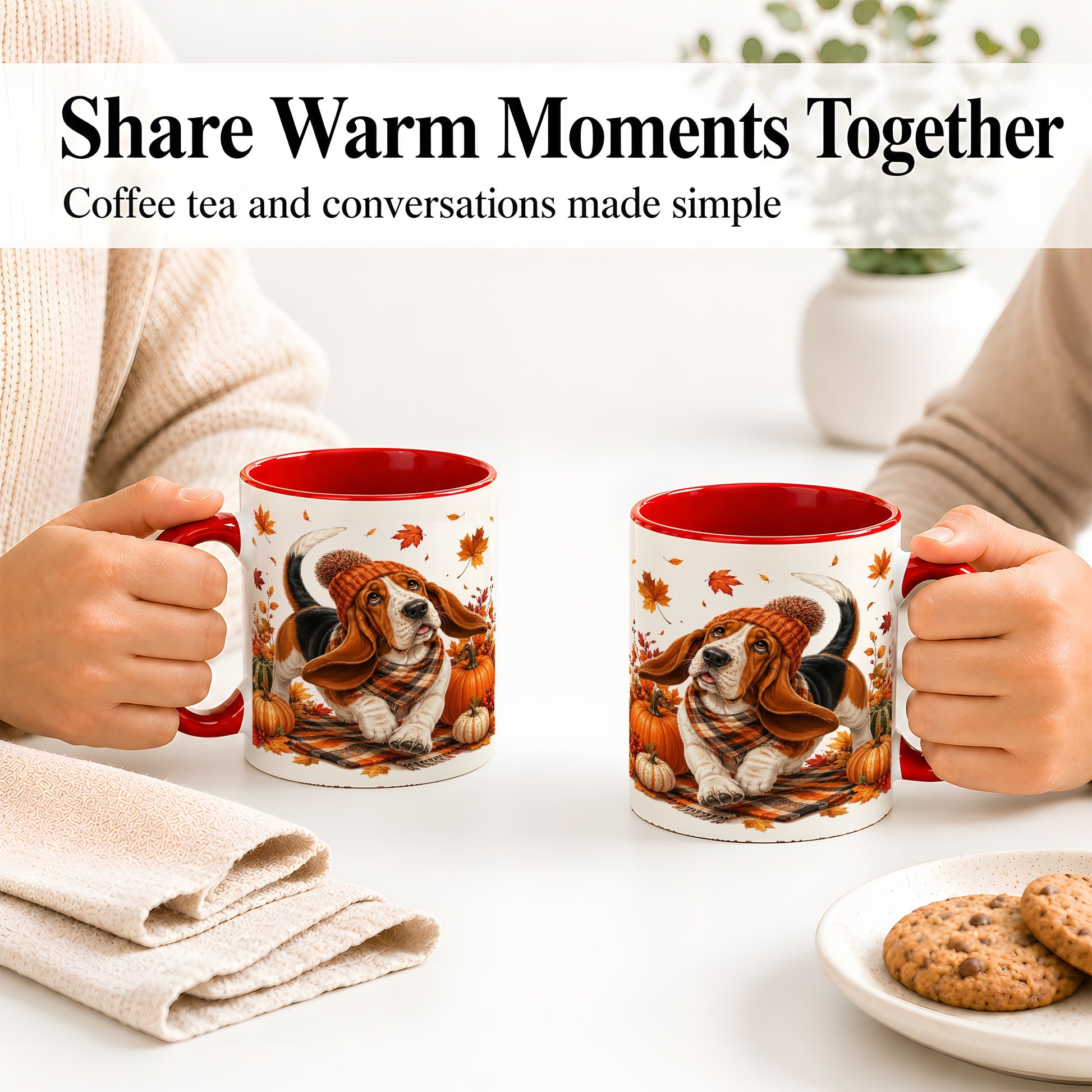 #pl[11oz|Red] Autumn Basset Hound Accent Mug, Mug with Pumpkin Fall Artwork