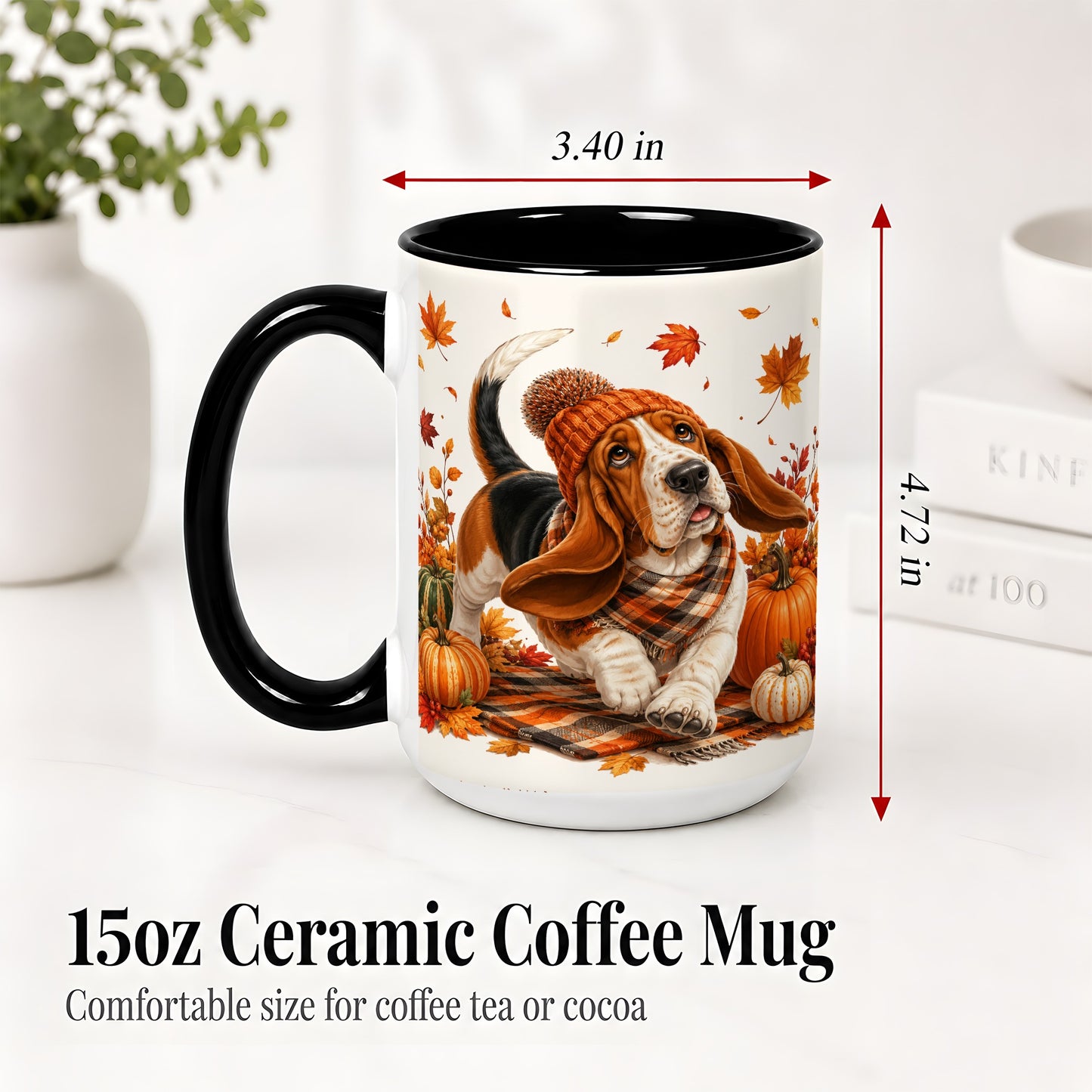 #pl[15oz|Black] Autumn Basset Hound Accent Mug, Mug with Pumpkin Fall Artwork