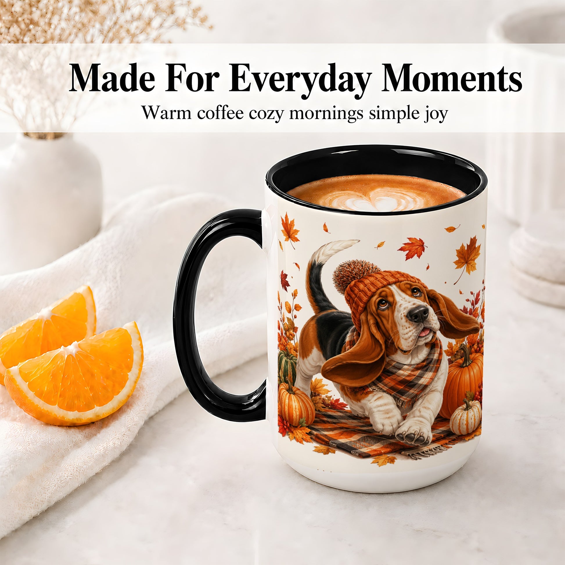 #pl[15oz|Black] Autumn Basset Hound Accent Mug, Mug with Pumpkin Fall Artwork