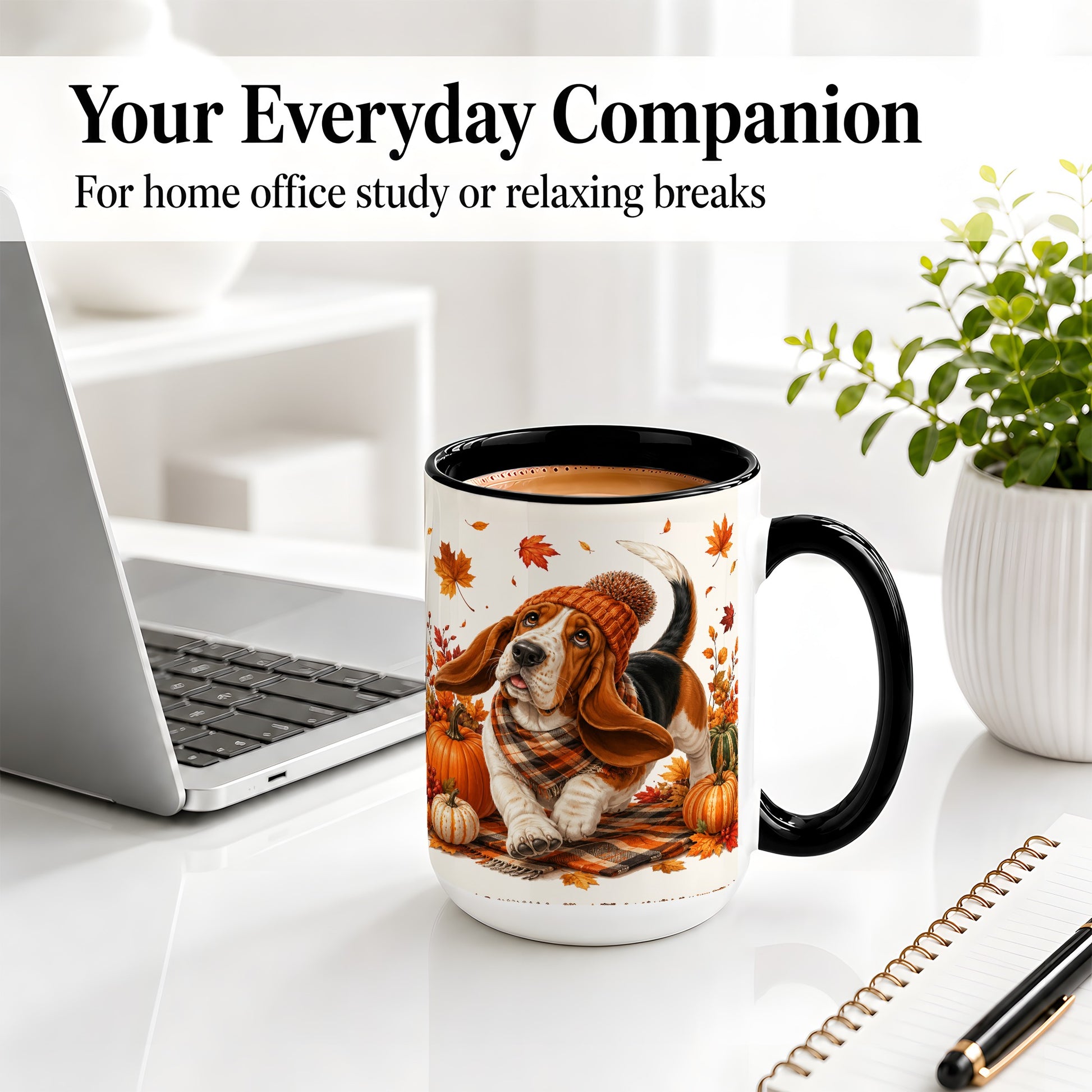 #pl[15oz|Black] Autumn Basset Hound Accent Mug, Mug with Pumpkin Fall Artwork