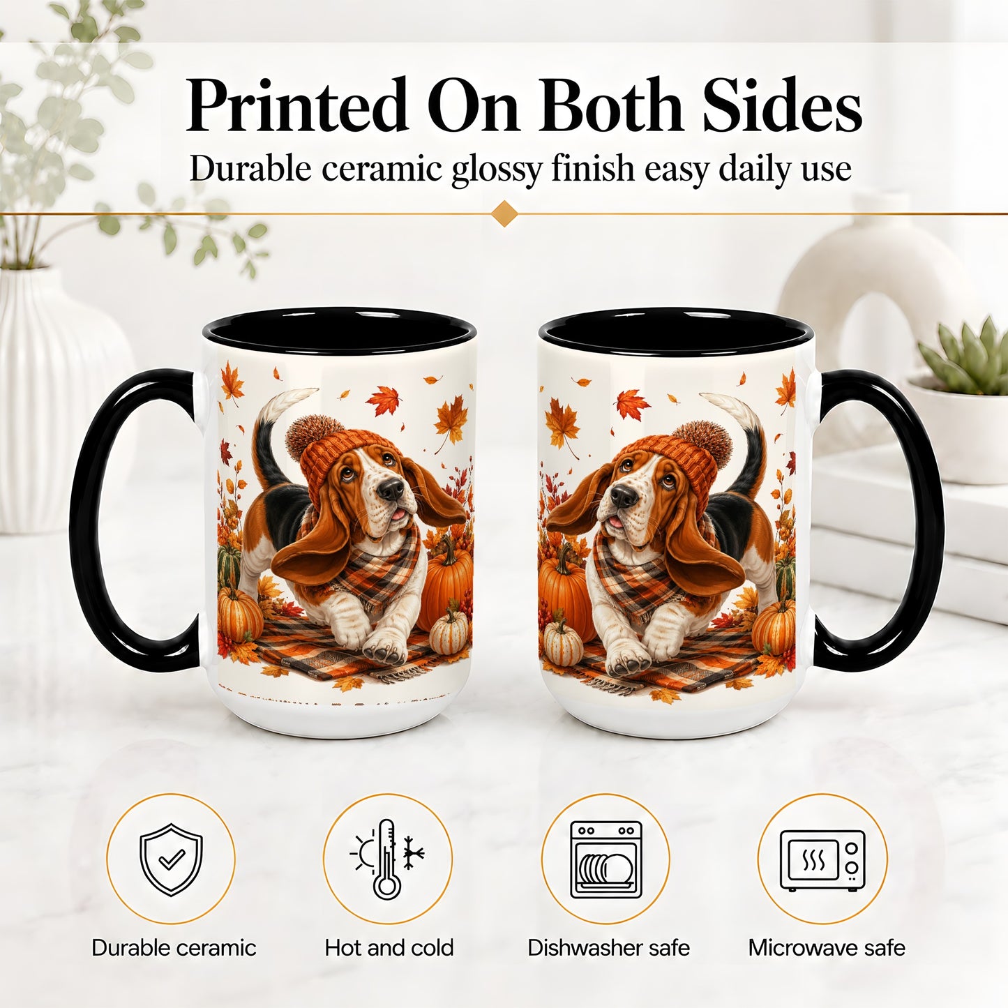 #pl[15oz|Black] Autumn Basset Hound Accent Mug, Mug with Pumpkin Fall Artwork