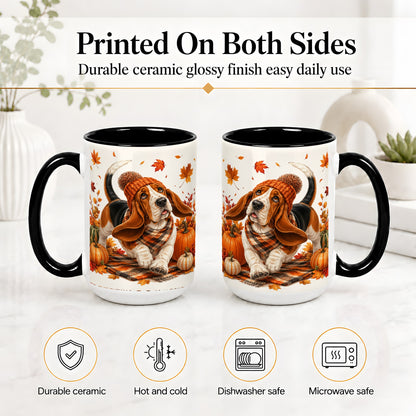 #pl[15oz|Black] Autumn Basset Hound Accent Mug, Mug with Pumpkin Fall Artwork