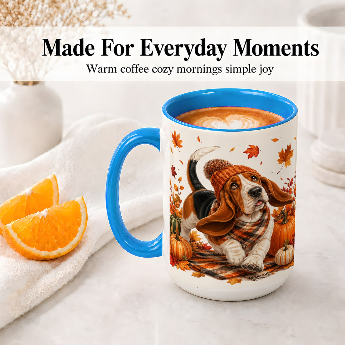 #pl[15oz|Blue] Autumn Basset Hound Accent Mug, Mug with Pumpkin Fall Artwork