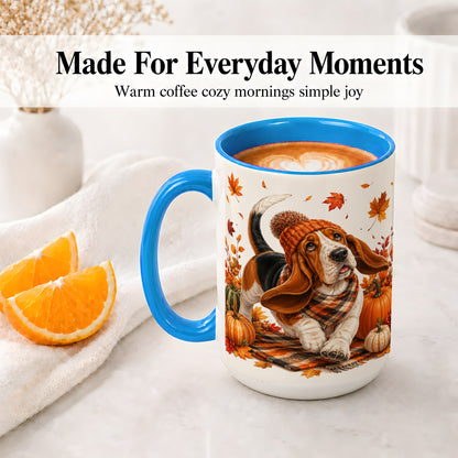 #pl[15oz|Blue] Autumn Basset Hound Accent Mug, Mug with Pumpkin Fall Artwork
